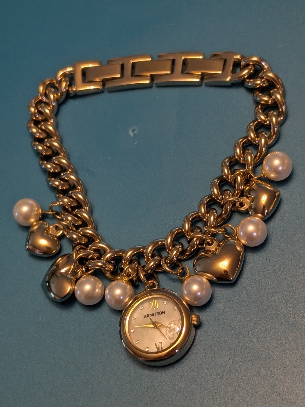Armitron Gold-Tone Charm Bracelet Watch with Pearl And Heart Charms NWT